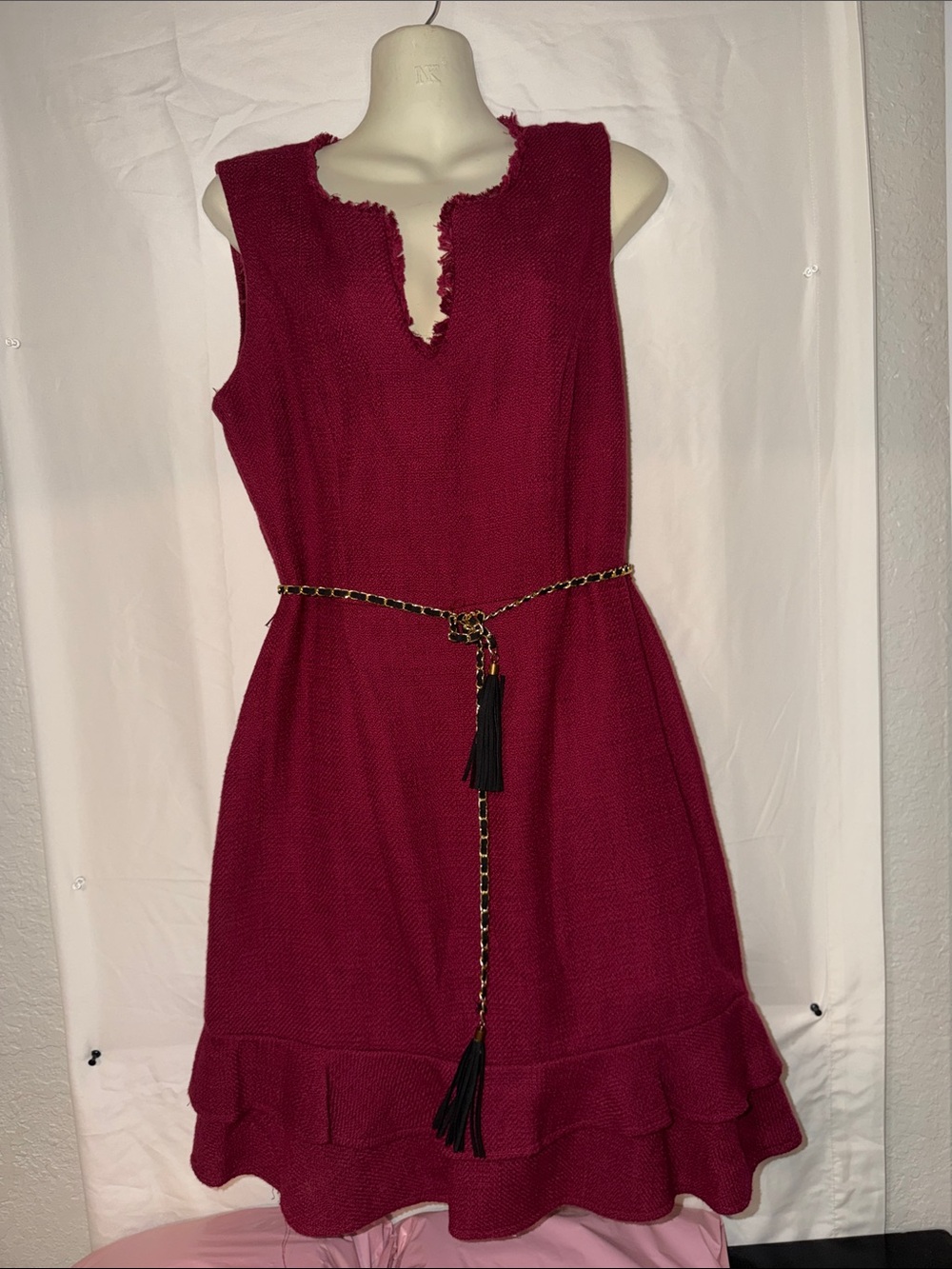 Karl Lagerfeld Textured Sleeveless Dress in Deep Berry with Chain Tassel Belt